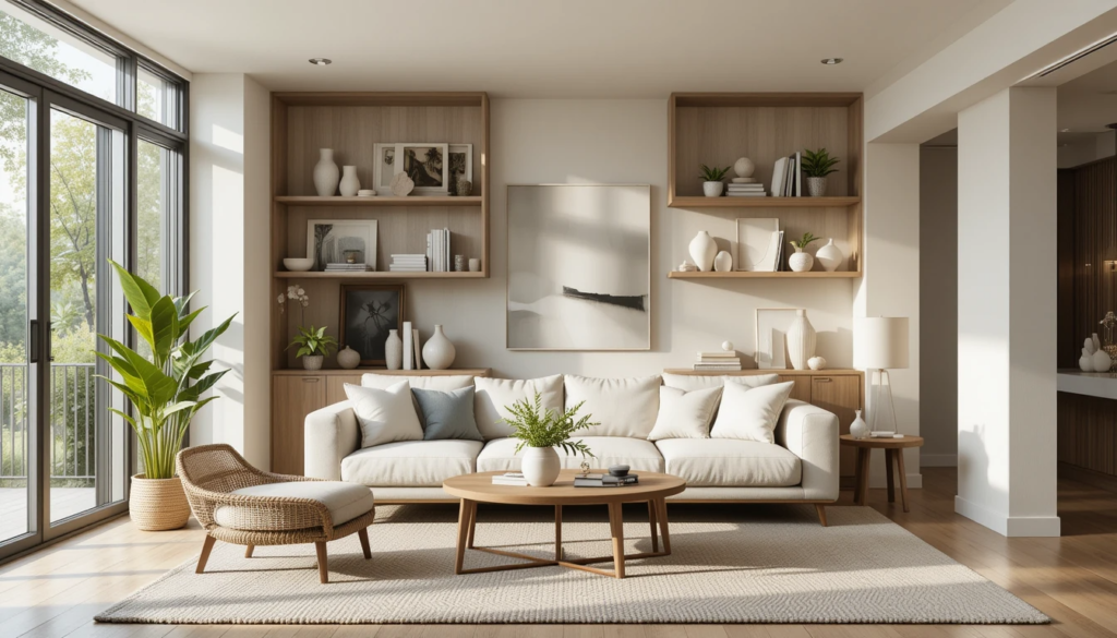 Sala moderna com sofá bege, decoração minimalista e plantas, iluminada por luz natural.