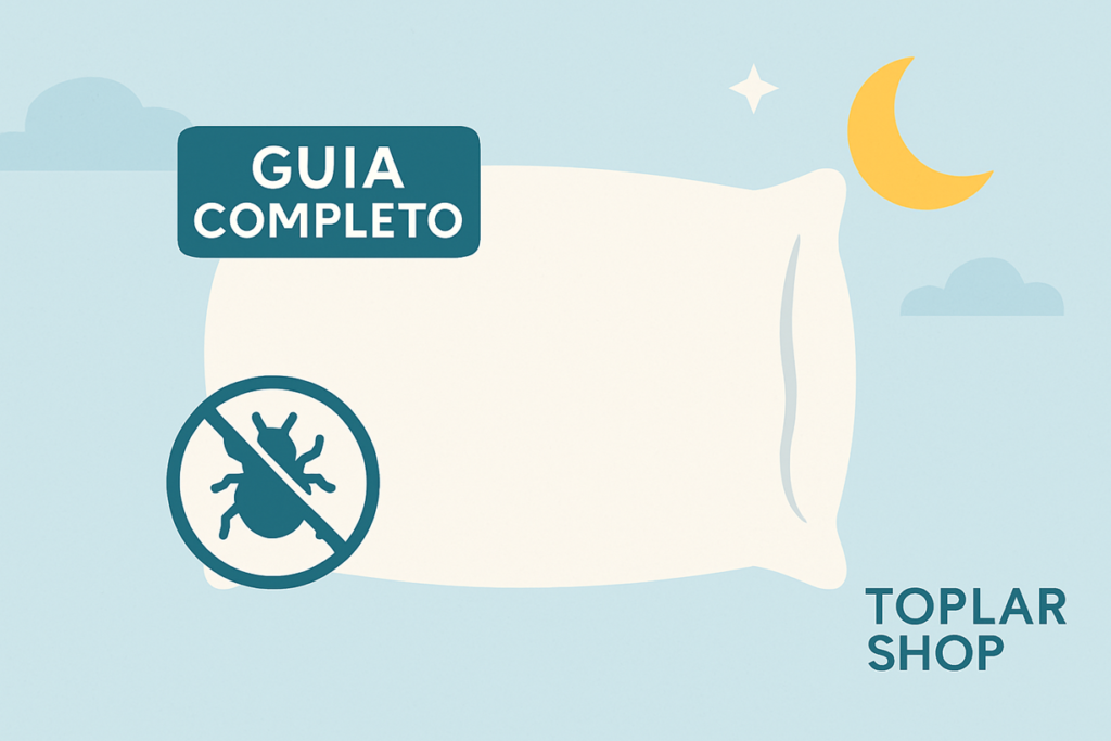 Imagem ilustrativa minimalista de um travesseiro antialérgico com ícone antimicrobiano, lua e céu noturno.